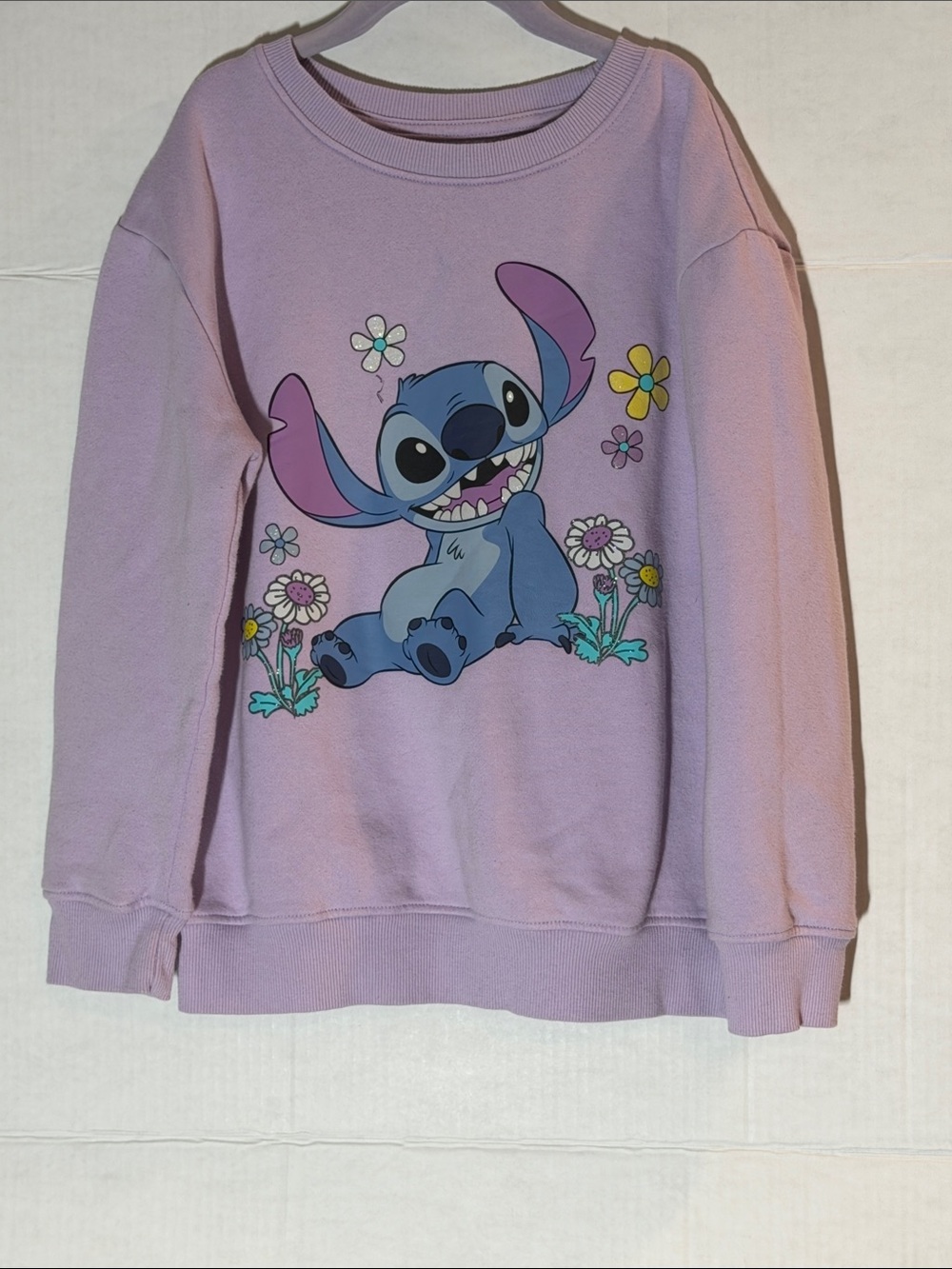 Disney Lavender Sweatshirt with Stitch Graphic and Floral Accents